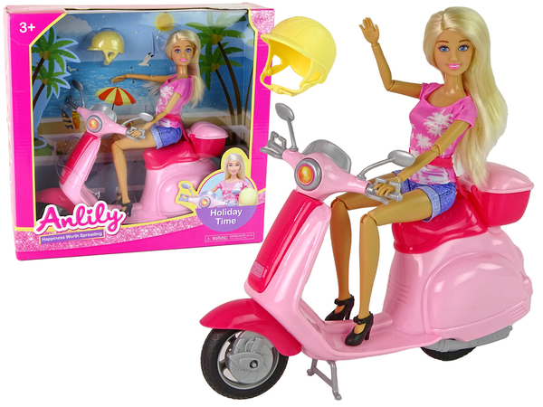 Anlily Puppe auf einem rosa Roller Blonde Haare Helm