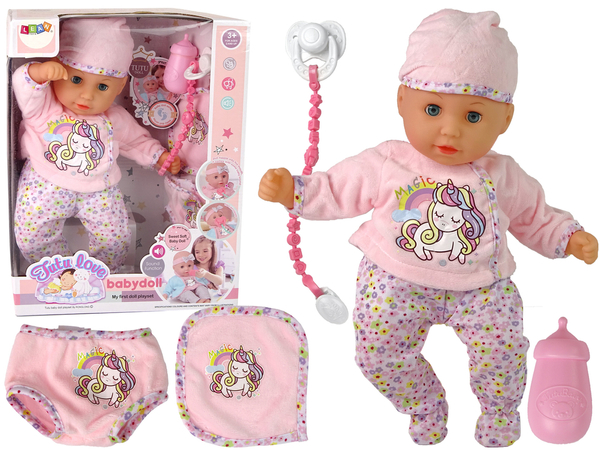 Baby Puppe Sound Schnuller Lätzchen Rosa Einhorn Schlafanzug