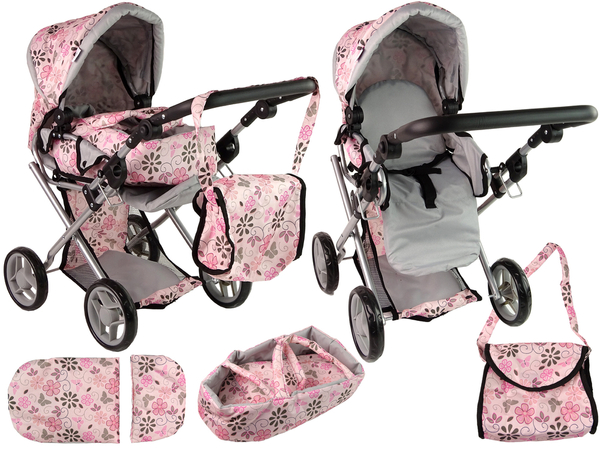 Baby-Puppenwagen 2-in-1-Tragetasche Rosa mit Blumen