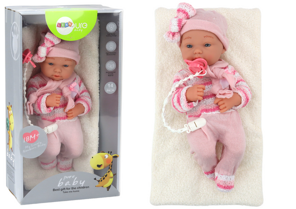 Babypuppe, gestreifter Pullover, Mütze, Schal, Accessoires, rosa