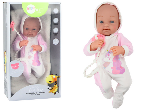 Babypuppe mit Schnuller, Einhorn-Body, rosa Decke, Zubehör, 35 cm