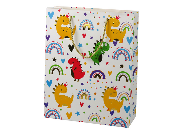Bunte Dinosaurier-Regenbogen-Geschenktüte, 32 cm x 26 cm x 10 cm