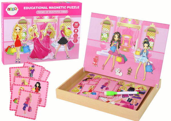 Eine Reihe pädagogischer Magnetpuzzles mit Barbie-Motiv
