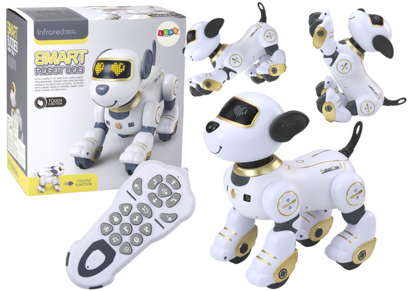 Ferngesteuerter interaktiver Roboterhund, der tanzt und Befehlen folgt. Golden