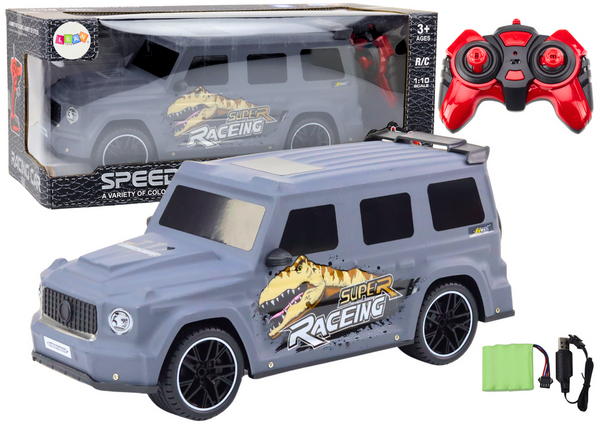 Ferngesteuertes RC-Auto mit Dinosaurier, Maßstab 1:10, Grau