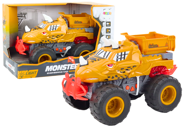 Geländewagen mit Dinosaurier-Reibungsantrieb, orangefarbener Muldenkipper