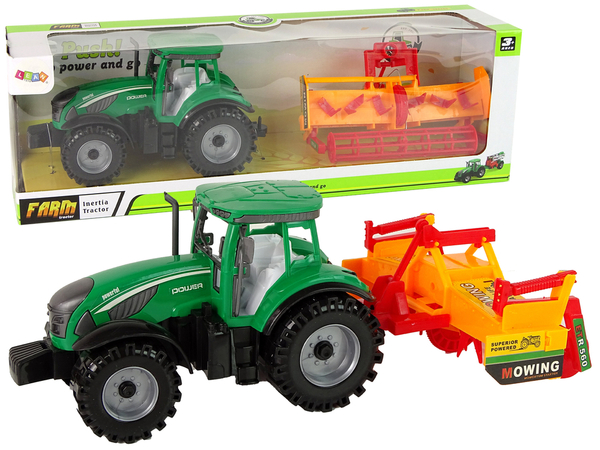 Grüner Traktor mit orangefarbenem Grubber für Kinder