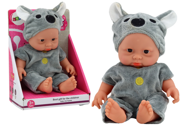 Kleine Babypuppe, graue Kleidung, Koala-Hut