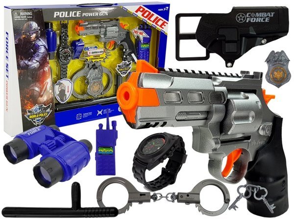Polizei-Set Pistole Handschellen Fernglas Pfeife Uhr Abzeichen