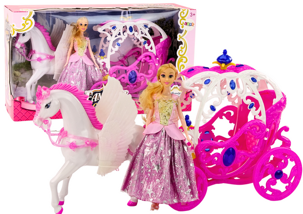 Puppe mit Kutsche, Pferdekutsche, Prinzessin, rosa Pegasus-Set