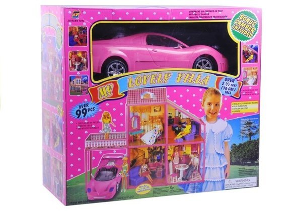 Puppenhaus 76cm + Auto + Zubehör Set Möbel Haus Spielzeug für Mädchen 3+