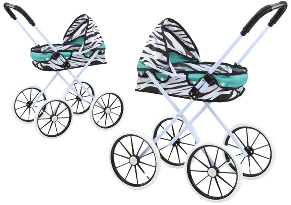 Puppenwagen mit großen Rädern, faltbar, Zebra-Türkis