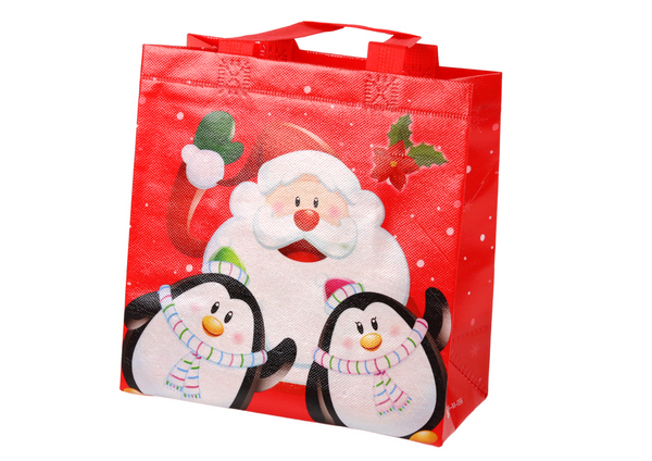 Rote Geschenktüte mit Weihnachtsmann und Pinguinen 22cm x 22cm x 11cm 