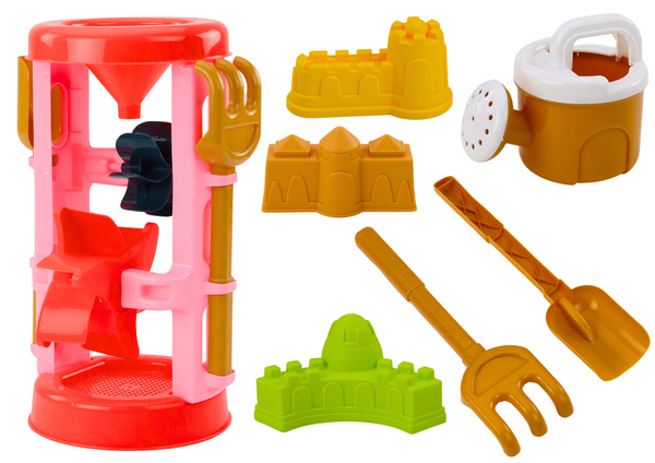 Set aus Sandspielzeug, Mühle, Formen, Burgen, Gießkanne, rosa