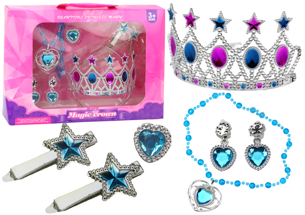 Set aus kleinen Prinzessinnen-Kronen-Ohrringen und Halsketten-Ring-Clips