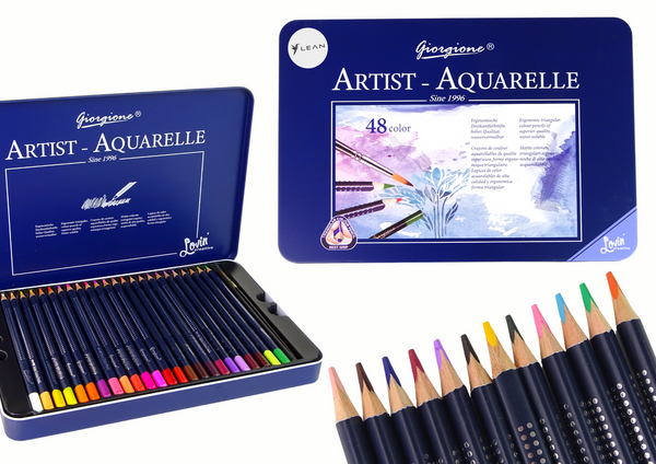 Set mit 48 Aquarellstiften, Metallbehälter