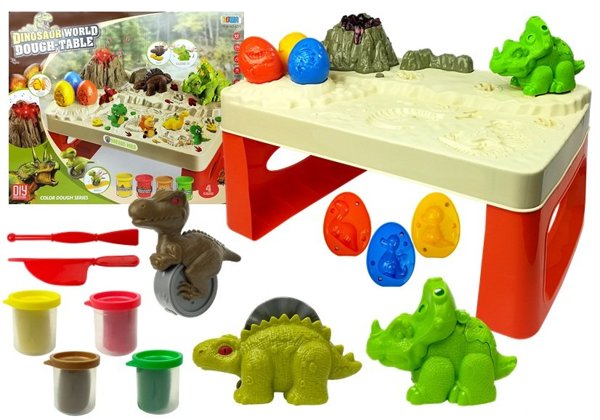Tisch mit Spielteig und Dinosauriern 4 Farben