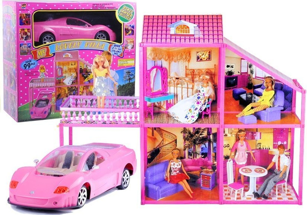 Folded Large Villa for Dolls 76 cm + Pink Car + Accessories