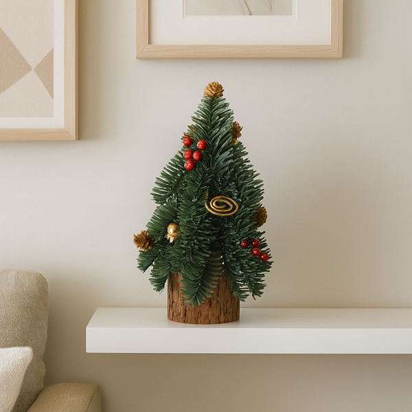 Dekorativer Weihnachtsbaum auf einem Stamm aus roten Ebereschenzapfen, 26 x 12 cm