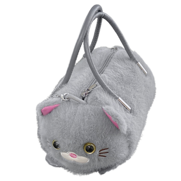 Plüschige, katzenförmige Handtasche mit Kettenhenkeln, Grau