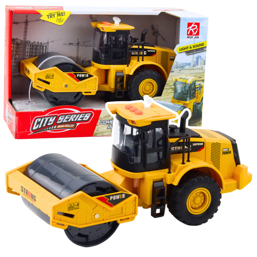 Straßenwalze, rotierende Blinklichter, Geräusche, gelb