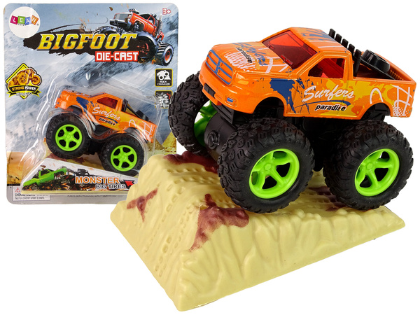 Resorak Monster Truck Pull Back Antrieb Gummireifen Metallkarosserie + Entfaltende Rampe