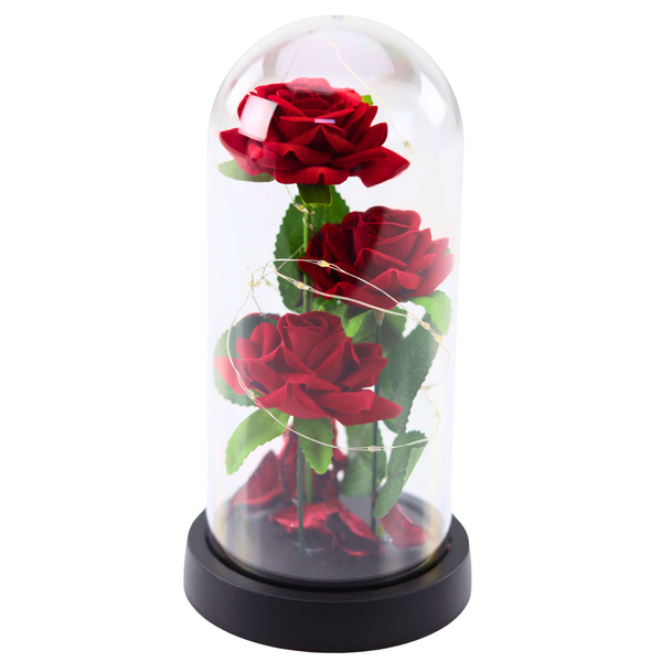 Ewige Rosen in einer Kuppel mit LED-Beleuchtung und roten Rosenblättern 21x11cm