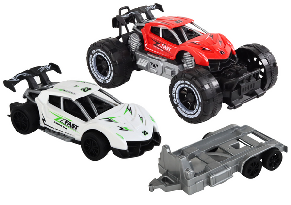 Set of Red Off-Road Car and White Sports Car Tow Truck
