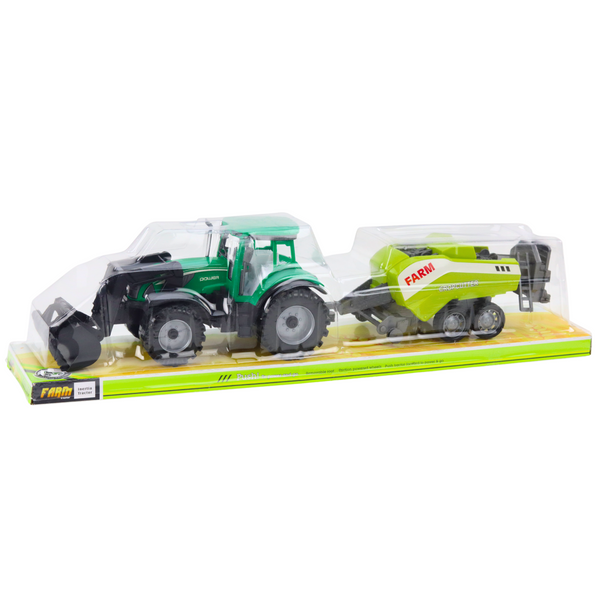Set of tractor with loader and agricultural baler Green