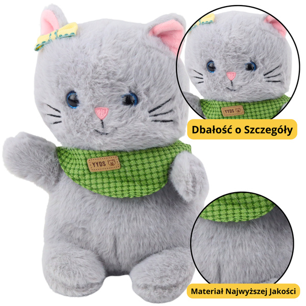Plush Mascot Cuddly Toy Cat Gray Green Scarf Bow 22cm