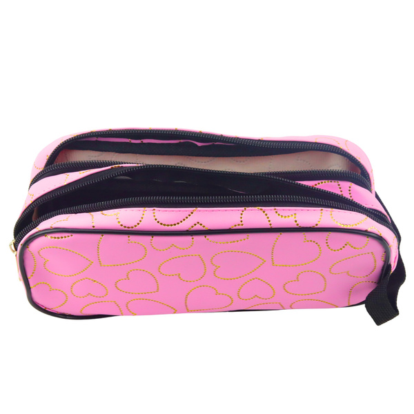 School Office Pencil Case with Two Compartments, Golden Hearts, Pink, 23.5x10 cm