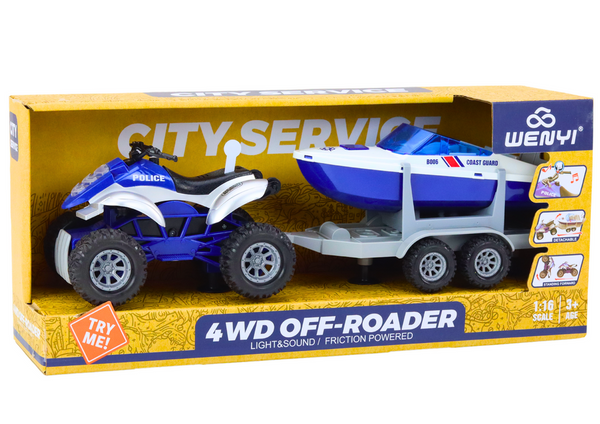 Polizeiquad mit Anhänger zum Transport eines Bootes und eines Motorbootes