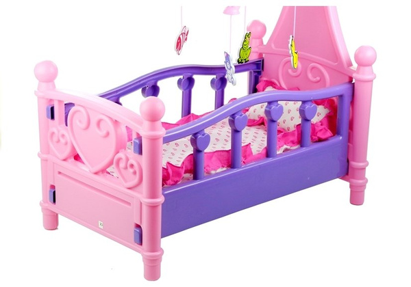 Large Doll's Bed with Mobile and Bedding, Pink and Purple, 48cm