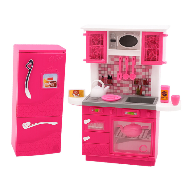 Doll Kitchen Set Fridge Oven Accessories Pink