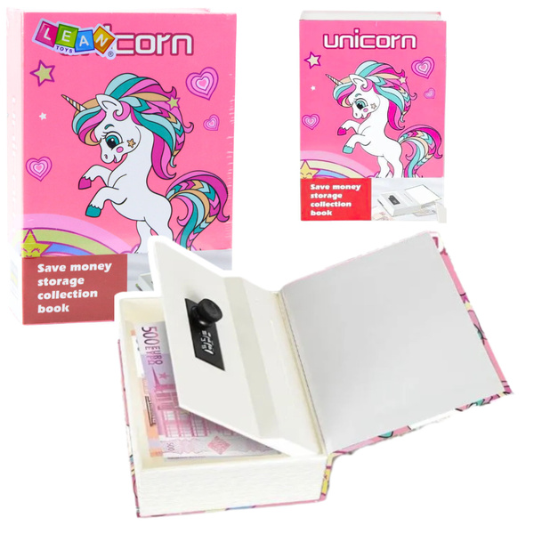 Hidden Book Piggy Bank Safe Code Unicorn Pink