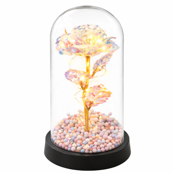 Ewige Rose in einer Glaskuppel mit LED-Kristallbeleuchtung, 21,5 x 11 cm