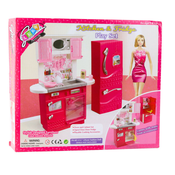 Doll Kitchen Set Fridge Oven Accessories Pink