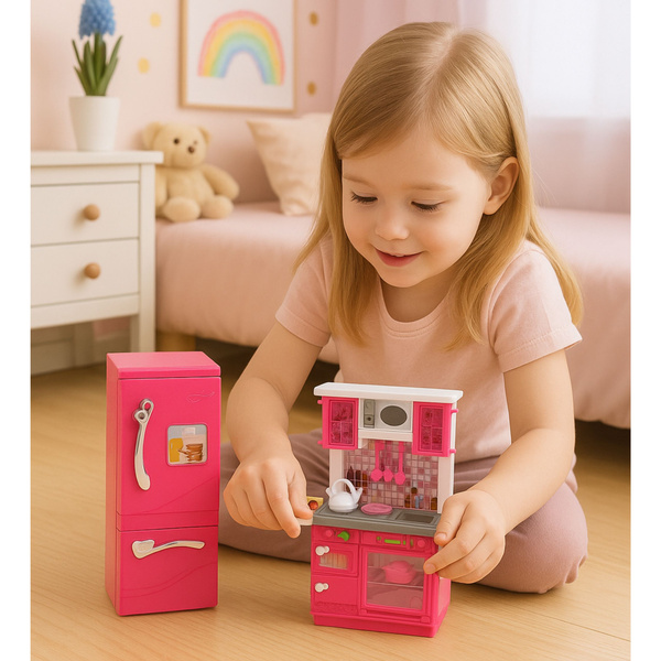 Doll Kitchen Set Fridge Oven Accessories Pink