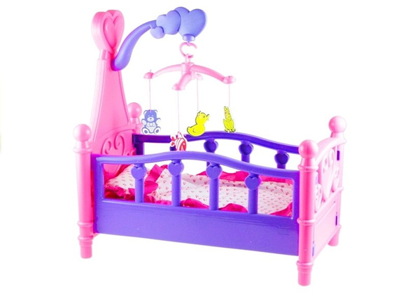 Large Doll's Bed with Mobile and Bedding, Pink and Purple, 48cm