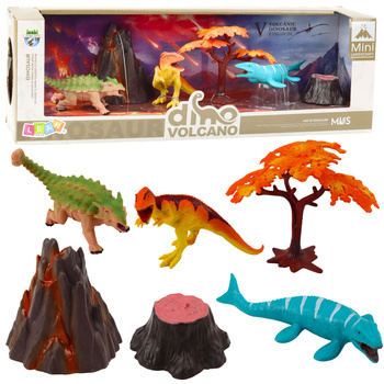 Set mit realistischen Dinosaurier-Vulkan-Baumfiguren, 6 Stück