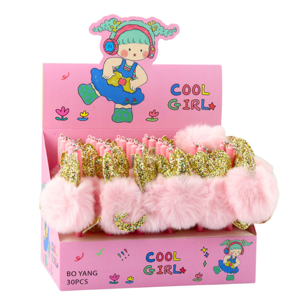 Gel Pen with Pink Pompom Cap and Blue Ink 17cm 0.5mm