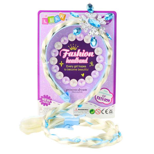 Haarreif mit langem Zopf, blauem Band, Diamanten und Schneeflockenmuster, 50 cm