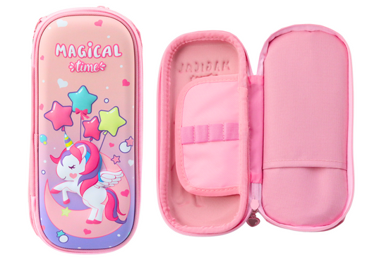 Pink Pencil Case with 3D Unicorn Two-compartment 24 cm x 11 cm x 7 cm