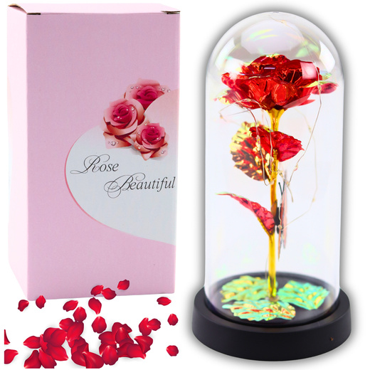 Ewige Rose aus Glas, Kristall, LED-Beleuchtung, Schmetterling, Rot, 21 x 11 cm