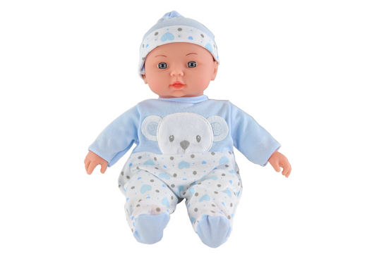 Baby doll, blue pajamas with teddy bear, hat, sounds