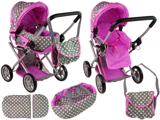2-in-1-Kinderwagen mit Tasche Grau Rosa Sterne
