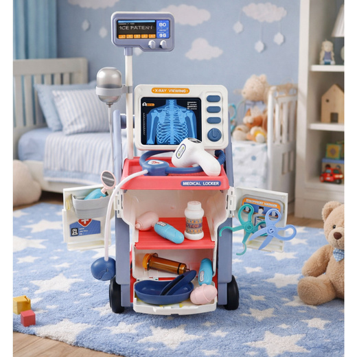 Arztkoffer für kleine Doktoren, medizinischer Wagen, Röntgen, EKG, Lampen, Rosa, 16-teilig.