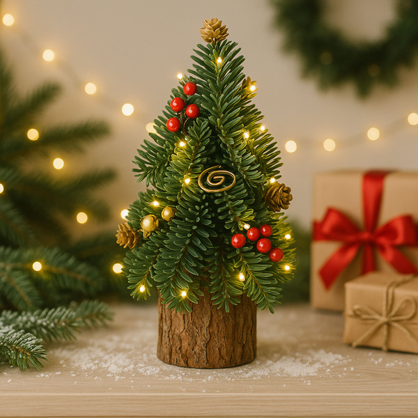 Dekorativer Weihnachtsbaum auf einem Stamm aus roten Ebereschenzapfen, 26 x 12 cm