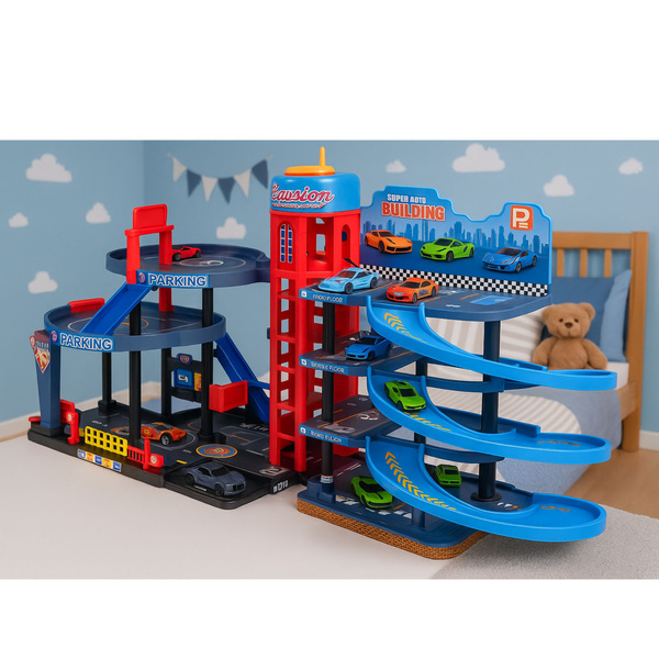 Parkplatz mit Autos, 4-stufige Strecke, 8 Metallfahrzeuge, Aufkleber
