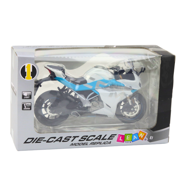 Sportliche Motorrad-Metalllichter, Geräusche, Weiß, Blau, 1:12